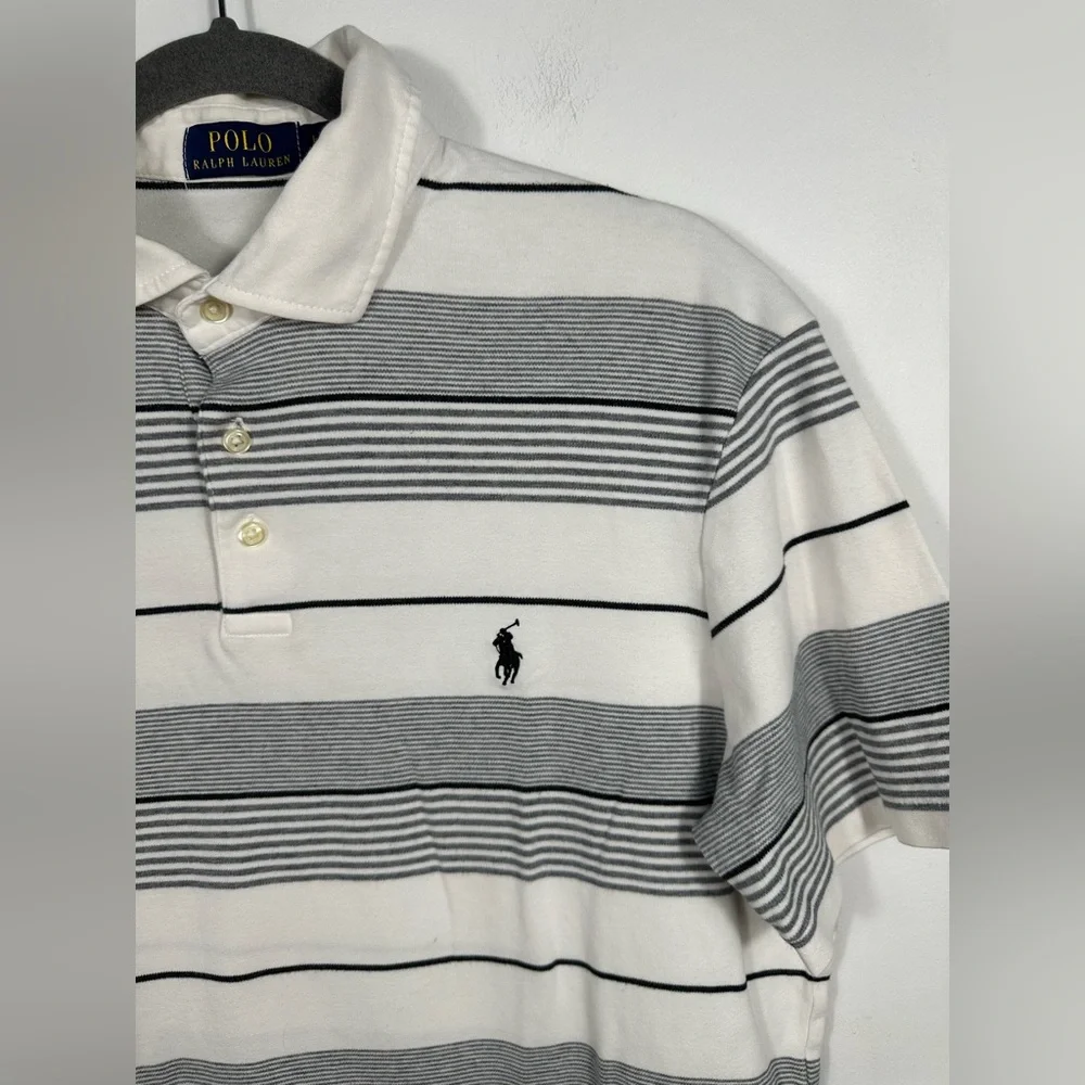 Polo Ralph Lauren Polo Shirt Men’s Large White Gray Striped Short Sleeve Classic